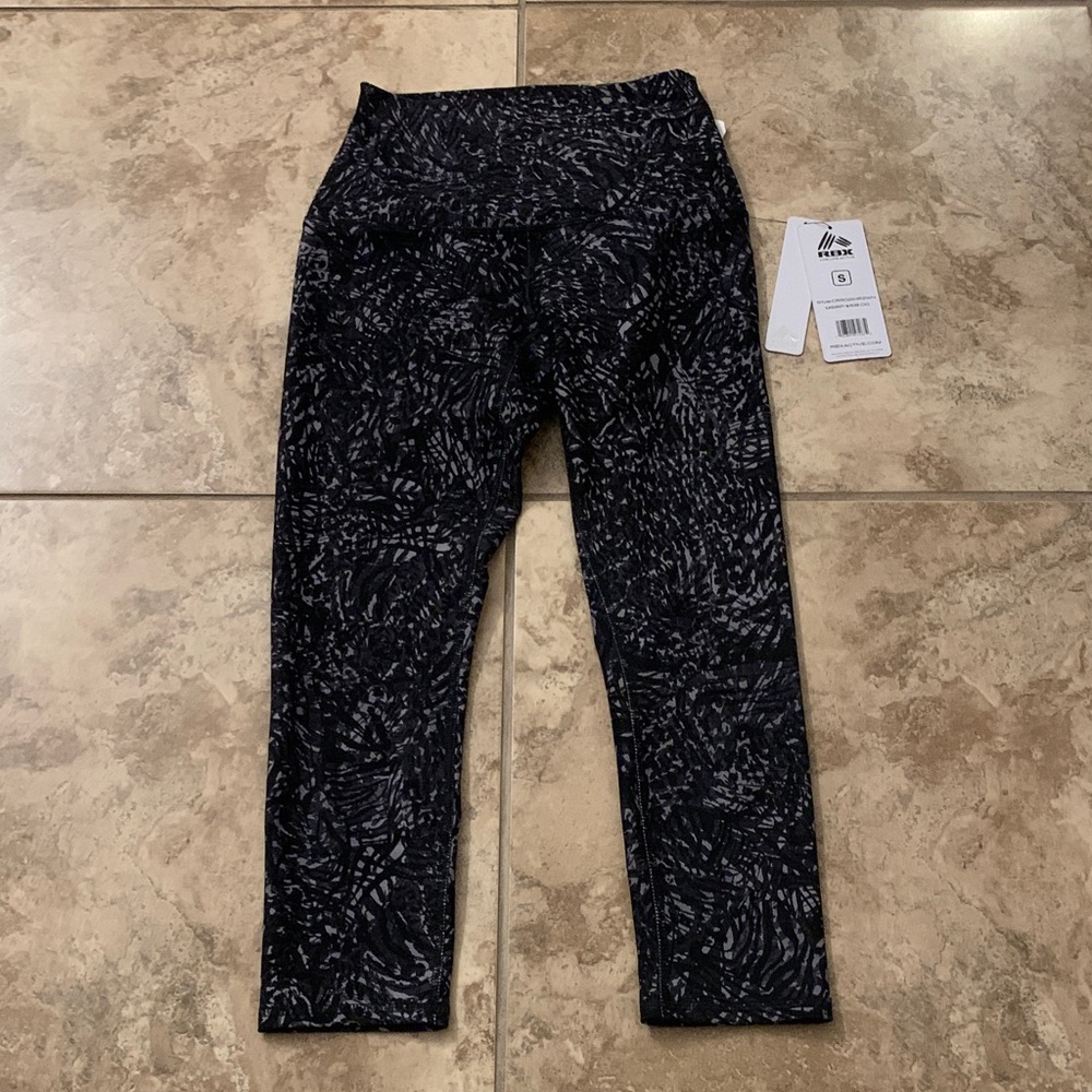 RBX Women Girls Black and Gray Patterned Crop Leggings soft yoga gym